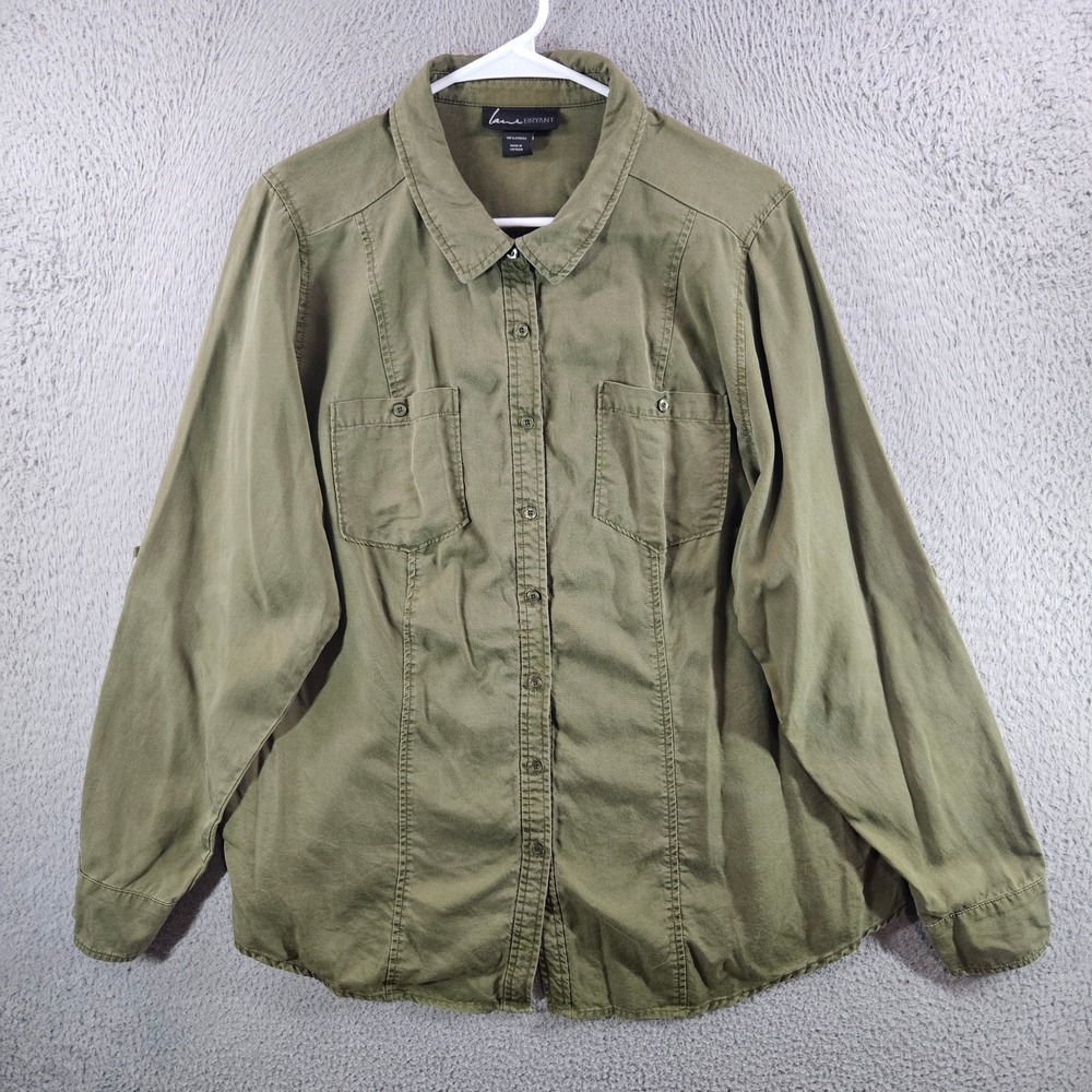 Lane Bryant Womens Olive Green Lyocell Roll Tab Sleeve Button Down Shirt Size 20